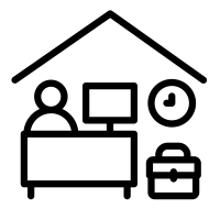 Icon of a person sitting on a couch with a tv, clock and briefcase as well